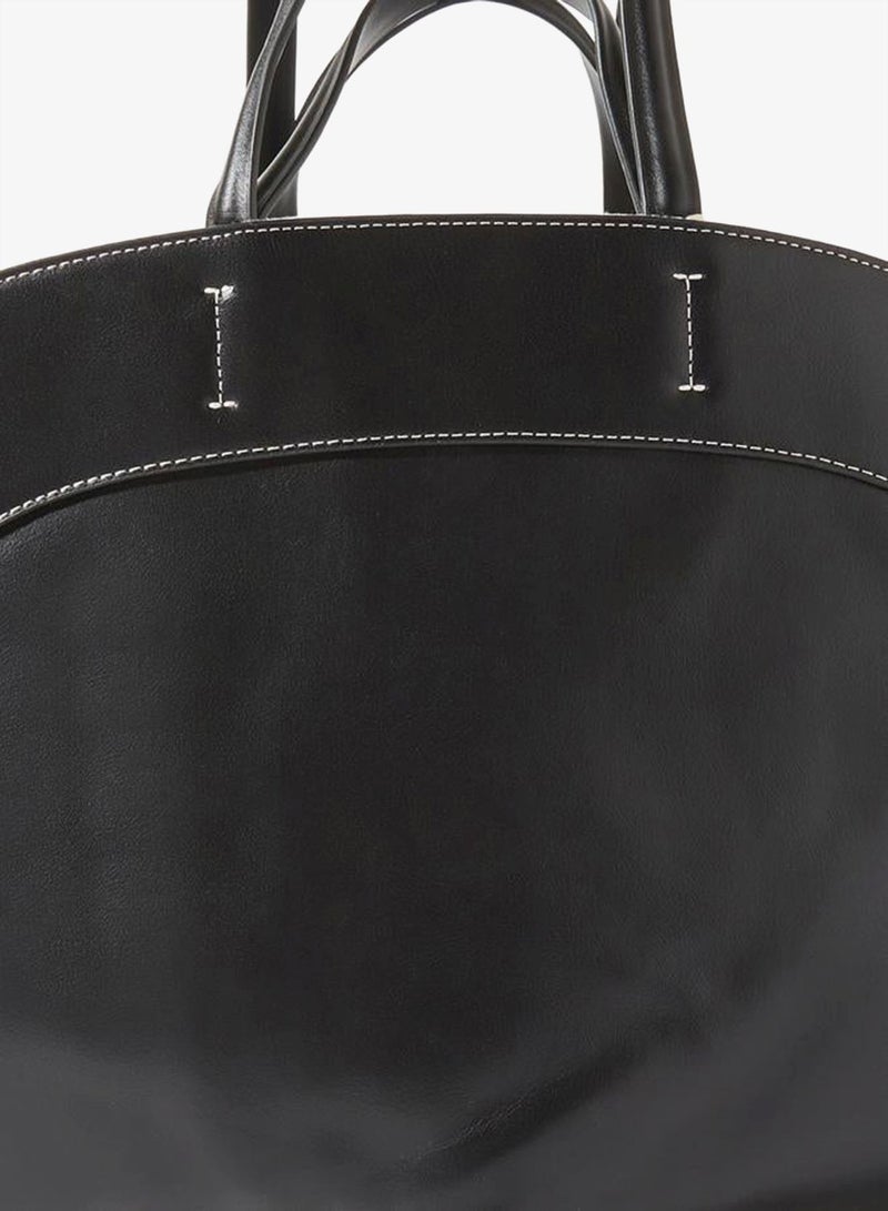 Styli Black Faux Leather Contrast Stitching Structured Tote Bag - Image 5