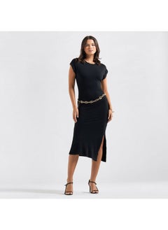 FAV Solid Bodycon Midi Dress with Round Neck and Extended Sleeves  - Image 2