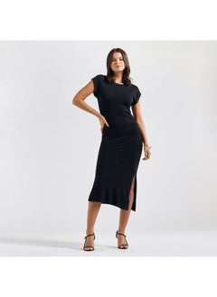 FAV Solid Bodycon Midi Dress with Round Neck and Extended Sleeves  - Image 1