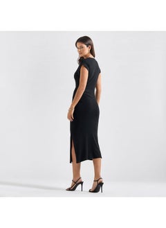 FAV Solid Bodycon Midi Dress with Round Neck and Extended Sleeves  - Image 3