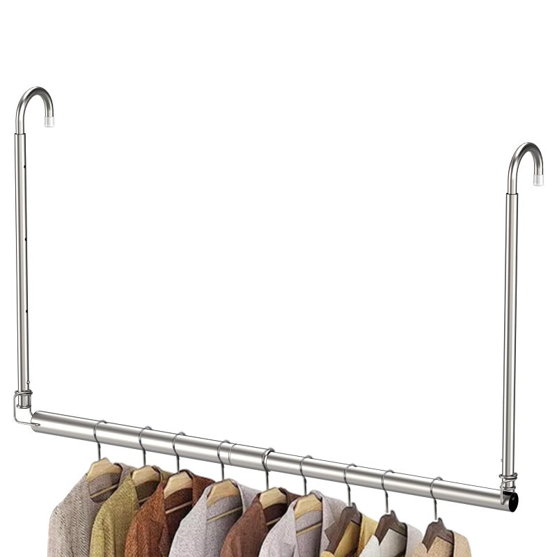 Tiemlet Hanging Closet Rod, Adjustable Height & Width Closet Rods for Hanging Clothes-Closet Extender Hanging Rod Space-Maximizing Design Suitable for Hanging and Drying Clothes, Silver - Image 1