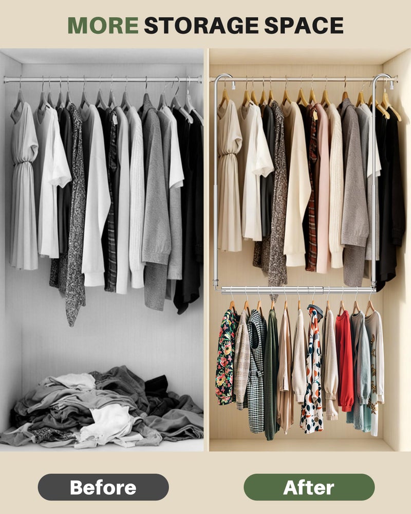 Tiemlet Hanging Closet Rod, Adjustable Height & Width Closet Rods for Hanging Clothes-Closet Extender Hanging Rod Space-Maximizing Design Suitable for Hanging and Drying Clothes, Silver - Image 5