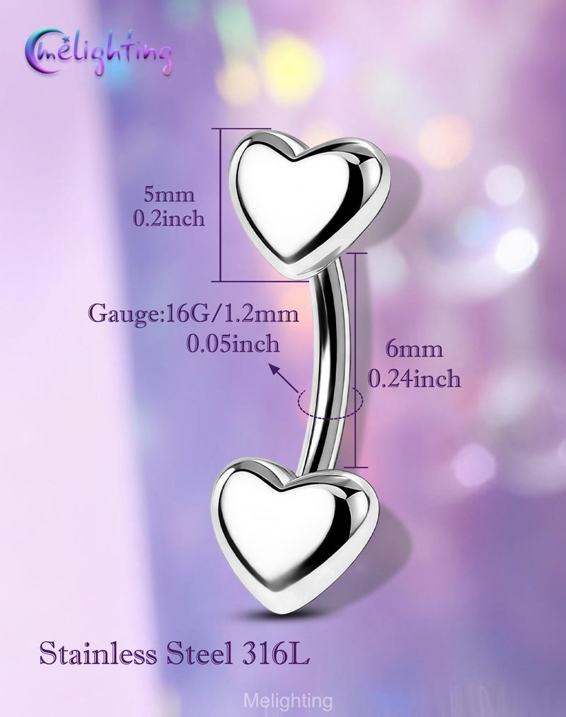 Melighting 16G Double Heart Eyebrow Piercing Jewelry 316L Surgical Steel Double-Ended Rook Earring for Women 1.2 mm Daily Helix Lobe Jewellery 6 mm - Image 5