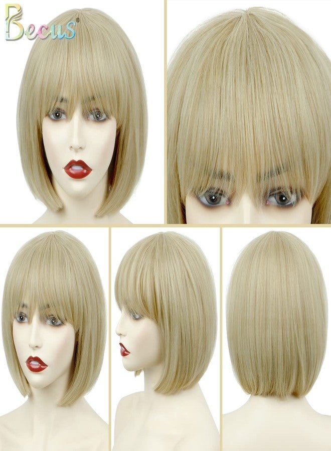 BECUS Blonde Bob Wig for Women, Short Blonde Wigs with Bangs, Realistic Synthetic Hair Straight Wigs for Daily Wear, Cosplay, Party, Costume Halloween - Image 4