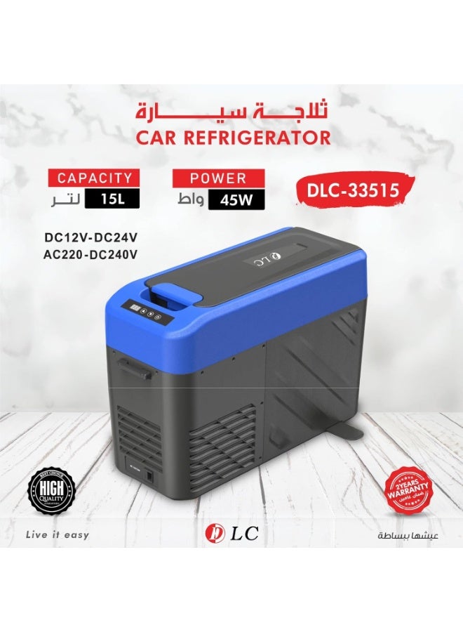 LC Car Refrigerator, 15 Liter, 45 Watts, DC12-24V/AC 220-240V, Blue and Black DLC-33515 - Image 1
