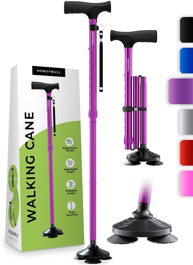 HONEYBULL Walking Cane for Men & Women - Foldable, Adjustable, Collapsible, Free Standing Cane, Pivot Tip, Heavy Duty, with Travel Bag | Walking Sticks, Folding Canes for Seniors & Adults [Purple]  - Image 1