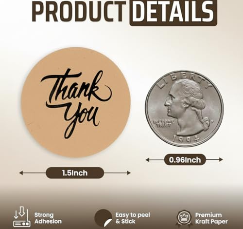 IBAKE 500 Thank You Stickers Roll – 1.5" Round Kraft Paper Labels with Black Script – Self-Adhesive Stickers for Small Business Packaging, Paper Bags, Gift Boxes & Envelopes - Image 2