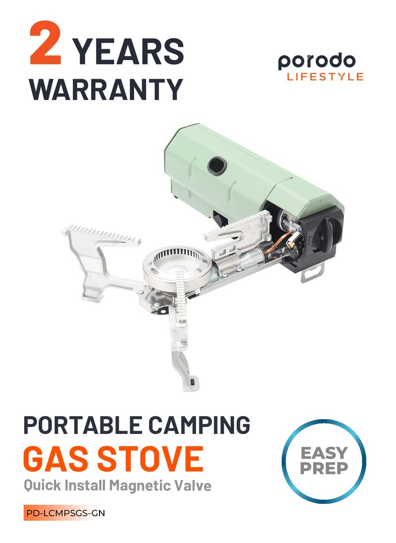 porodo - Camping Mini Portable Gas Stove Single Burner with 2600W Power Combustion and Electronic Ignition / Quick Install / Magnetic Valve / Easy Prep - Green - Image 1