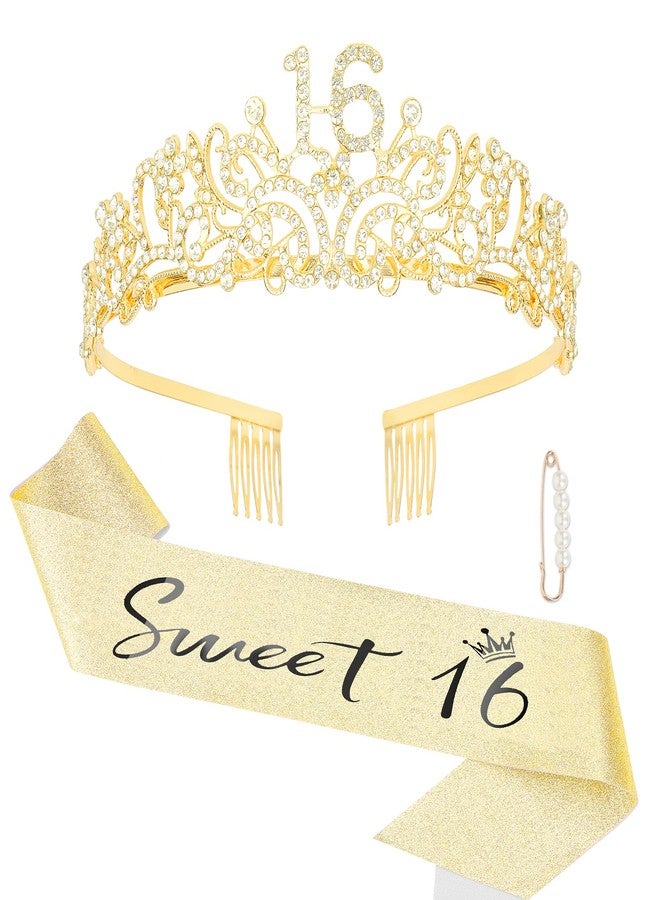 Semato Sweet 16 Party Decorations Set - Gold 16th Birthday Crown and Sash Glitter Kit for Girls Birthday Party Supplies and Favors - Image 1