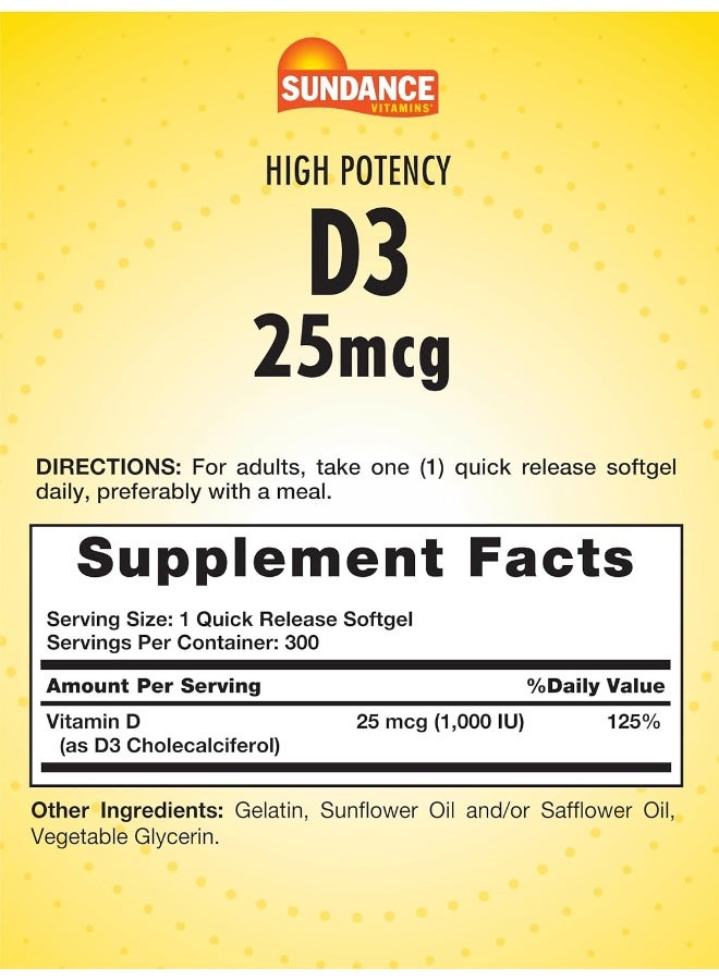 Sundance Vitamin D3 1000 IU | 300 Softgels | High Potency | Essential Vitamin Formula | Non-GMO and Gluten Free Supplement - Image 2