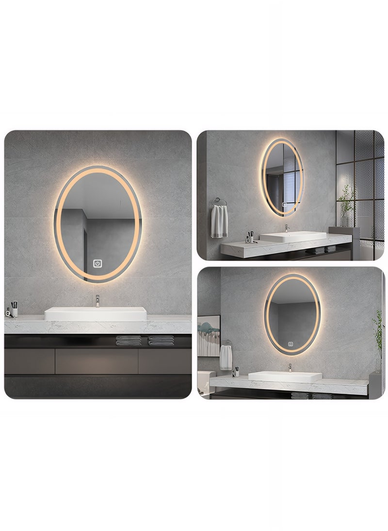 Taimi - Oval Bathroom Mirror with LED Backlight and Front Touch Control, Wall Mounted Makeup Mirror with 3 Adjustable Light Colors - 60x40cm - Image 1