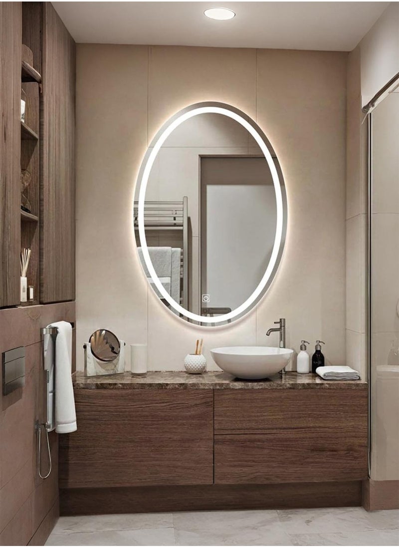 Taimi - Oval Bathroom Mirror with LED Backlight and Front Touch Control, Wall Mounted Makeup Mirror with 3 Adjustable Light Colors - 60x40cm - Image 1