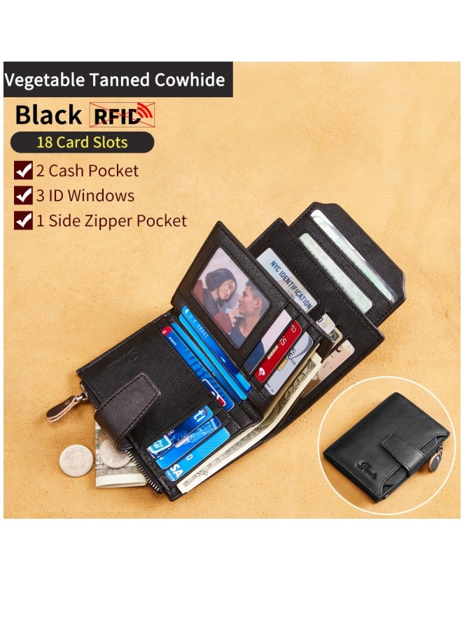 دانتي محفظة رجالية مضادة للسرقة بسحاب من الجلد الطبيعي من الطبقة الأولى من جلد البقر (أسود) - Image 3