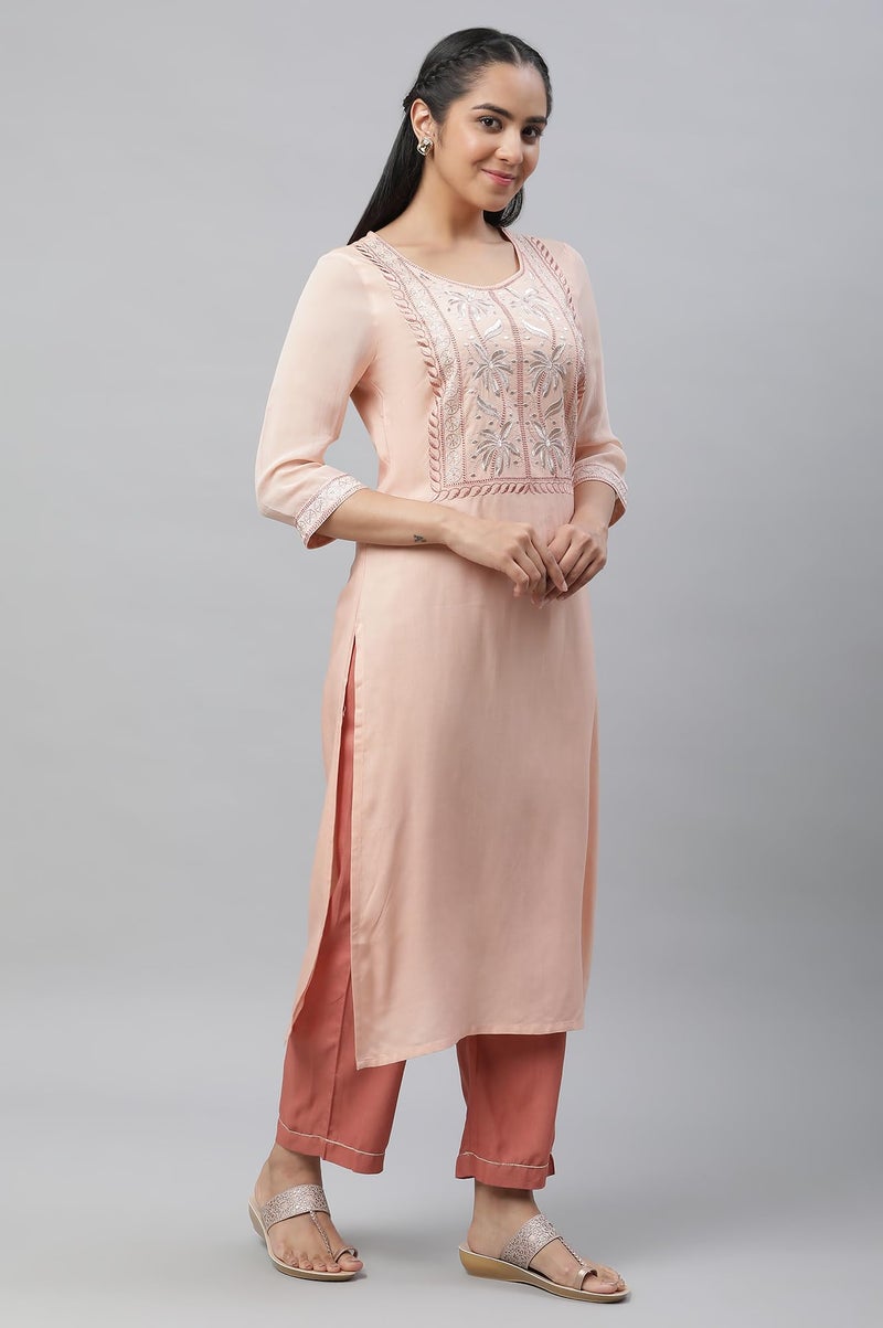 Aurelia Women Peach Viscose Straight Kurta, Palazzos, Dupatta Suit Set_23AUAS14227-605989 - Image 5