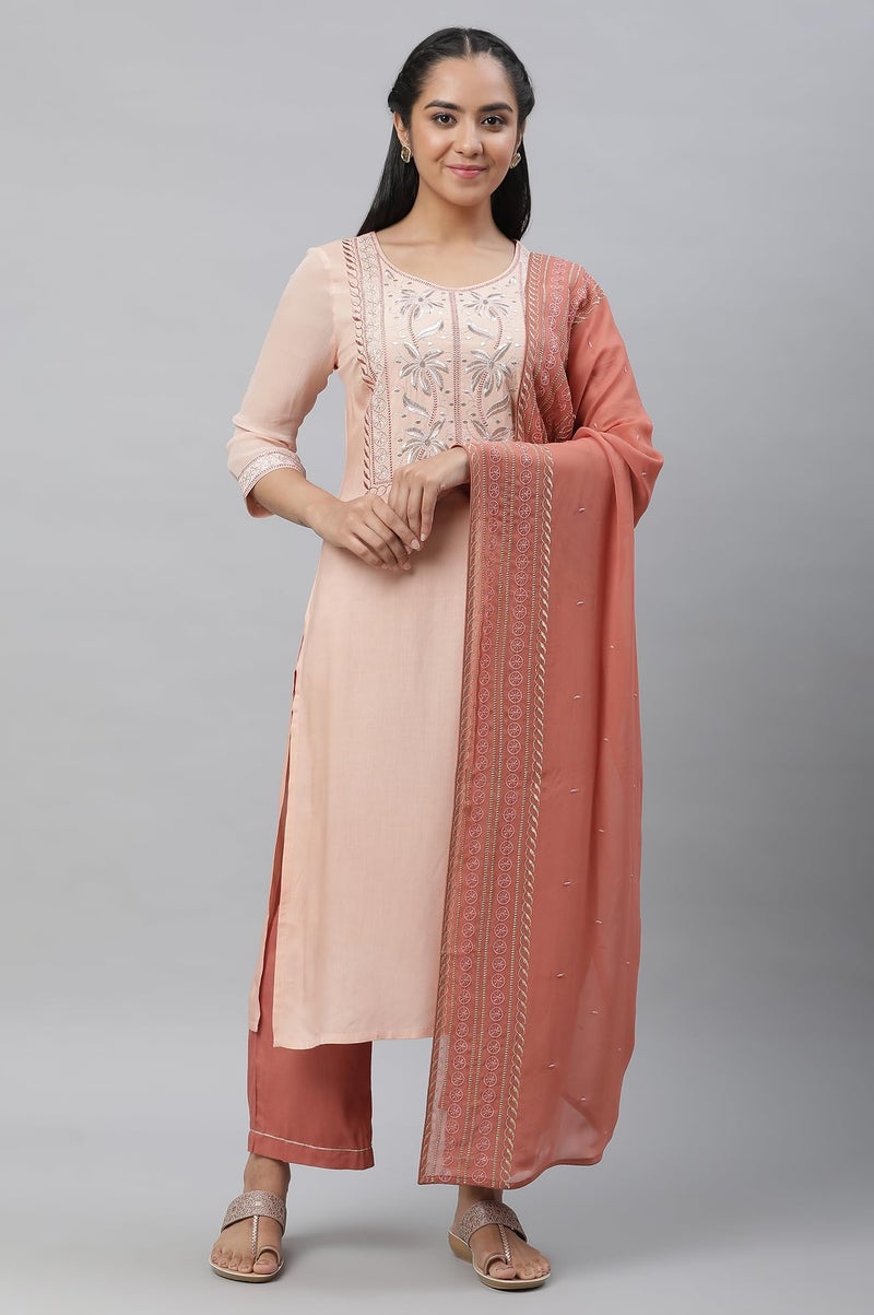 Aurelia Women Peach Viscose Straight Kurta, Palazzos, Dupatta Suit Set_23AUAS14227-605989 - Image 2