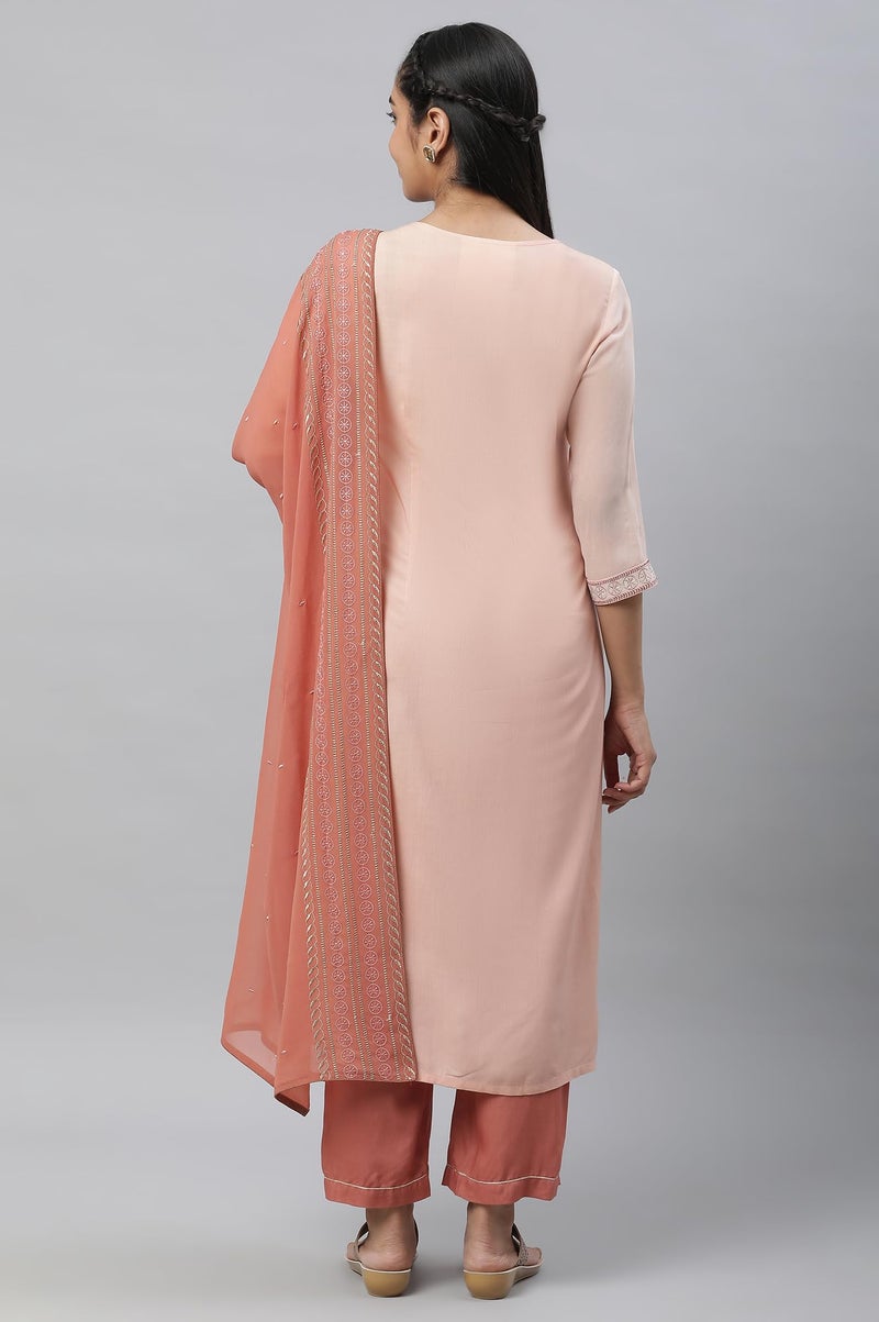 Aurelia Women Peach Viscose Straight Kurta, Palazzos, Dupatta Suit Set_23AUAS14227-605989 - Image 4