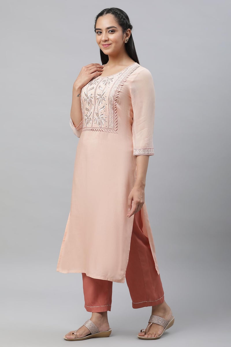 Aurelia Women Peach Viscose Straight Kurta, Palazzos, Dupatta Suit Set_23AUAS14227-605989 - Image 3