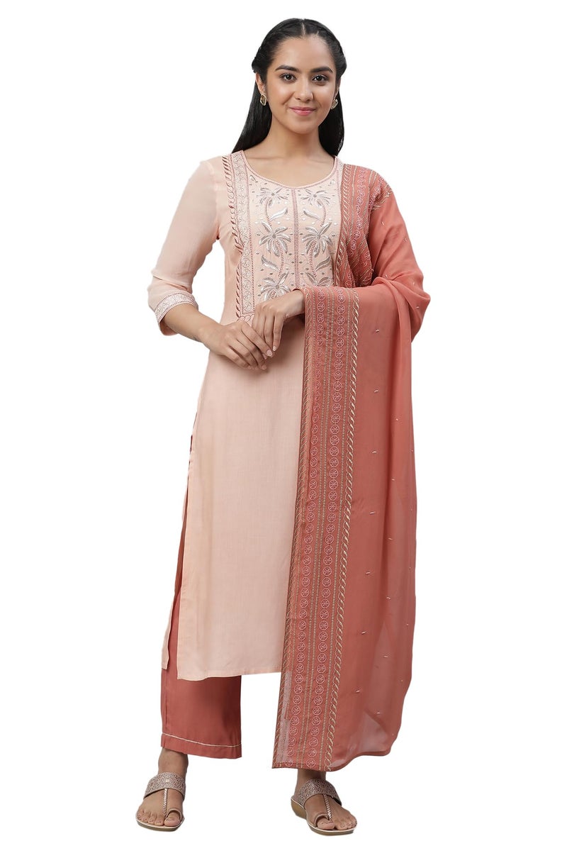 Aurelia Women Peach Viscose Straight Kurta, Palazzos, Dupatta Suit Set_23AUAS14227-605989 - Image 1
