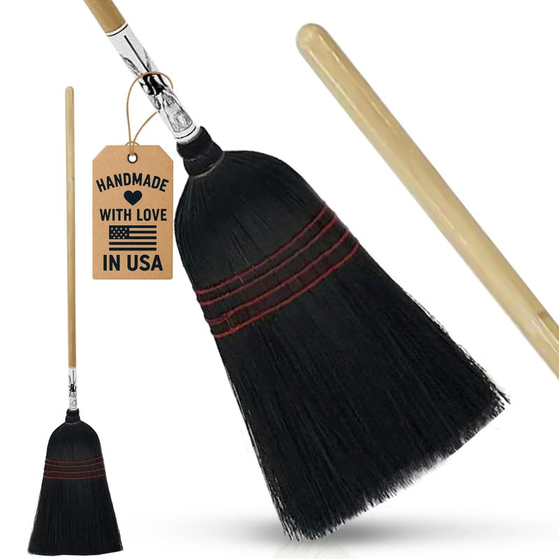 Peaceful Classics Handmade Amish Corn Broom with Wooden Handle â€“ 57" Heavy Duty Broom for Courtyard, Lobby & Market, 100% Corn Fill Straw Broo'm, 4 Sews Indoor & Outdoor Bristle for Sweeping - Black - Image 1