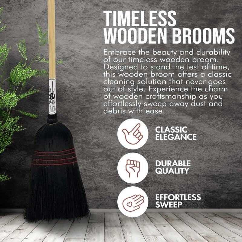 Peaceful Classics Handmade Amish Corn Broom with Wooden Handle â€“ 57" Heavy Duty Broom for Courtyard, Lobby & Market, 100% Corn Fill Straw Broo'm, 4 Sews Indoor & Outdoor Bristle for Sweeping - Black - Image 2