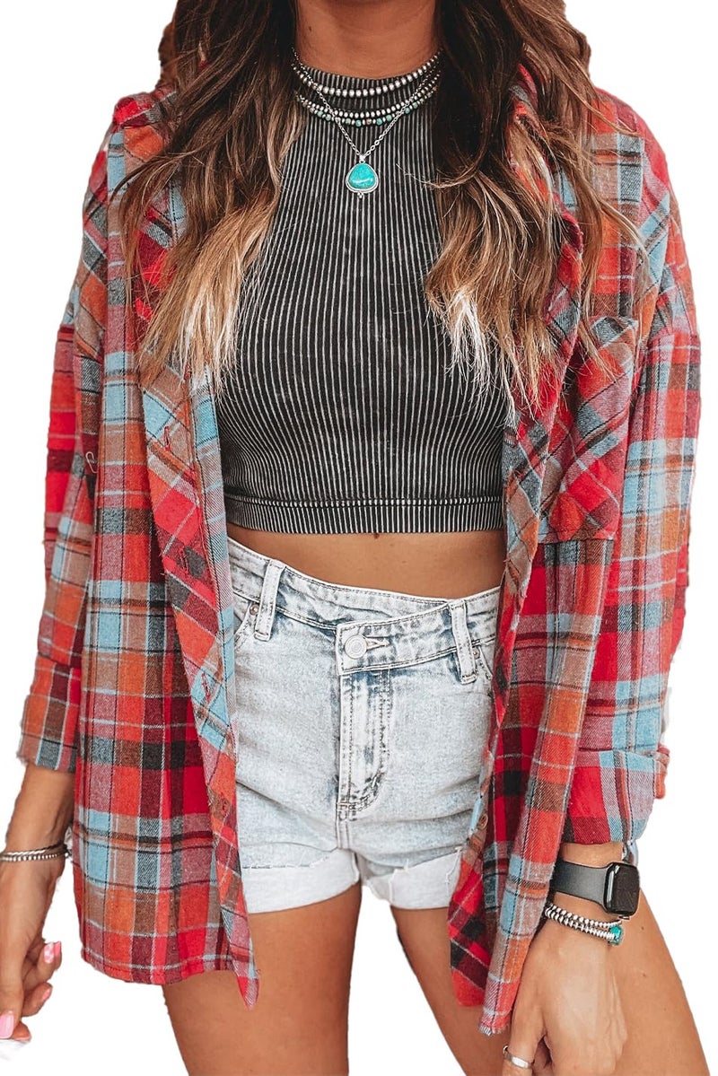 KevaMolly Plaid Long Sleeve Flannel Shirts for Women Loose Fit Boyfriend Button Down Shirt Casual Flannel Blouse Tops Z Red L - Image 1