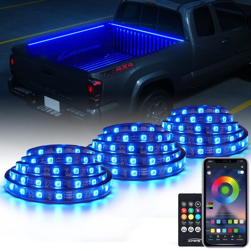مجموعة أضواء شاحنة Xprite 60 RGB بتقنية البلوتوث مع شرائط إضاءة نيون خارجية مع تحكم عبر التطبيق وجهاز تحكم عن بُعد لاسلكي لغطاء الشحن لشاحنات البيك أب والفانات وسيارات الدفع الرباعي والمخيمات والقوارب 3 قطع