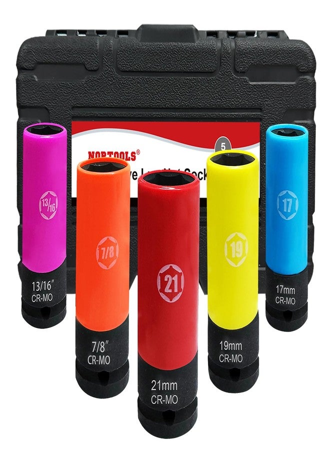 NORTOOLS 1/2-Inch Drive Lug Nut Socket Set, 5pcs Lug Nut Thin Wall Deep Socket Set with Color-Coded Protective, (Metric 17mm, 19mm, 21mm & SAE 13/16" 7/8") CR-MO Steel, 6 Point, Non-Marring - Image 1