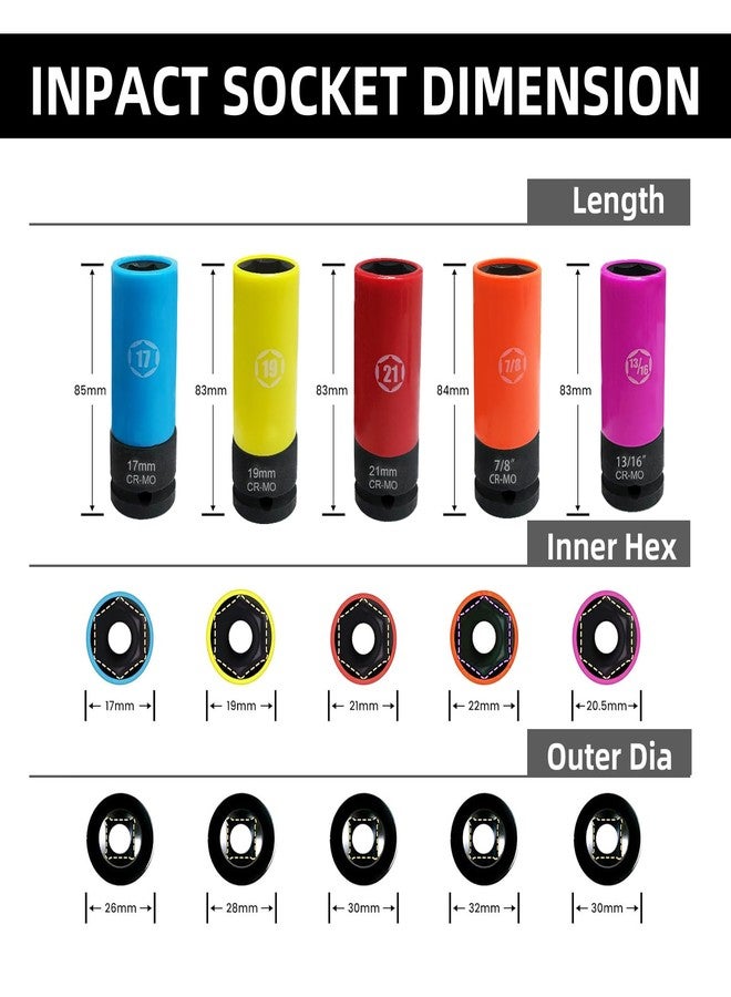 NORTOOLS 1/2-Inch Drive Lug Nut Socket Set, 5pcs Lug Nut Thin Wall Deep Socket Set with Color-Coded Protective, (Metric 17mm, 19mm, 21mm & SAE 13/16" 7/8") CR-MO Steel, 6 Point, Non-Marring - Image 2