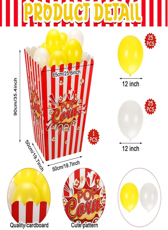 Sosation Giant Popcorn Box Cardboard Stand up with Balloons Movie 3D Popcorn Box Cardboard Stand up and Yellow White Balloons Carnival Decorations for Movie Night Themed Party(2 Pack) - Image 2