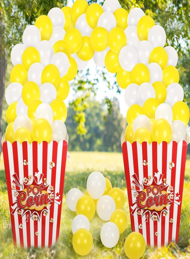 Sosation Giant Popcorn Box Cardboard Stand up with Balloons Movie 3D Popcorn Box Cardboard Stand up and Yellow White Balloons Carnival Decorations for Movie Night Themed Party(2 Pack) - Image 1