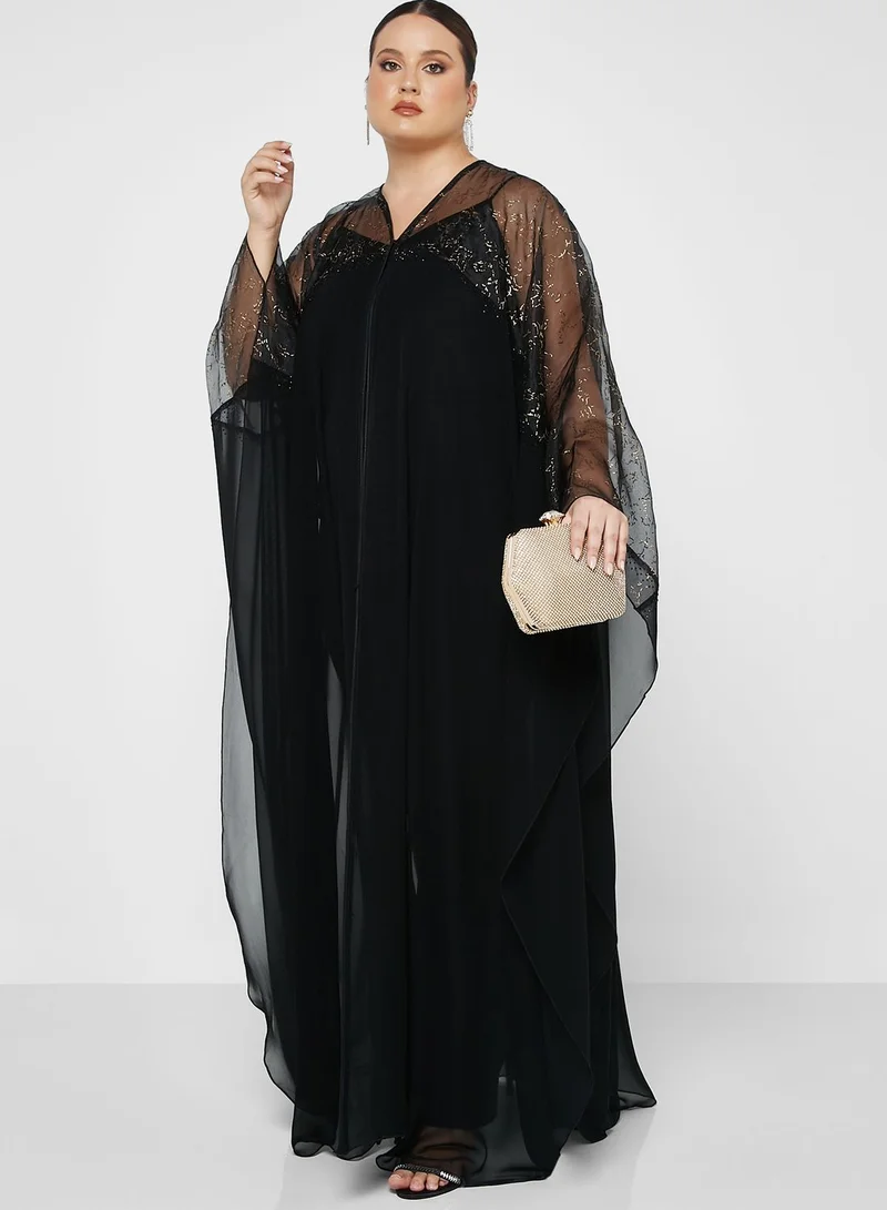 Hayas Closet Curve Cape Sleeve Color Block Abaya