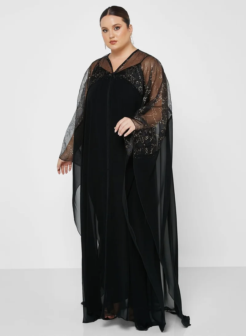Hayas Closet Curve Cape Sleeve Color Block Abaya