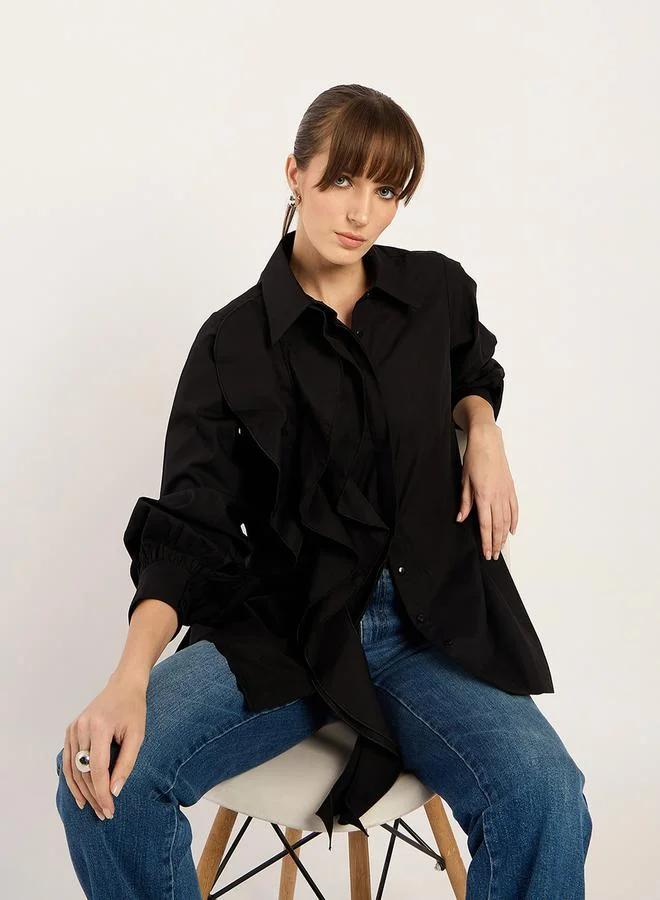 Femmella Femmella Solid Ruffle Detail Spread Collar Shirt