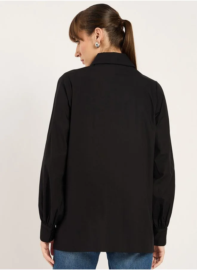 Femmella Solid Ruffle Detail Spread Collar Shirt