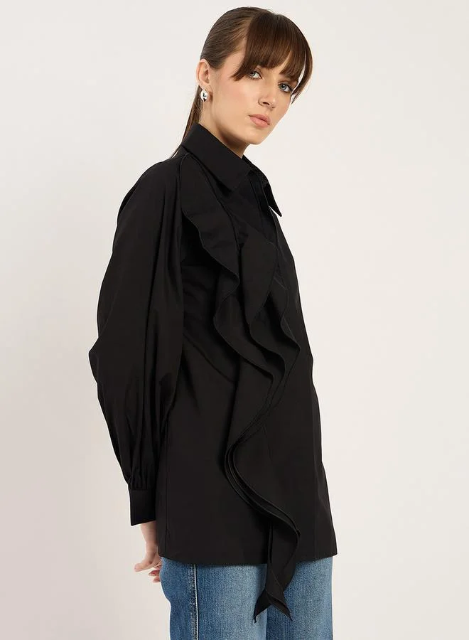 Femmella Femmella Solid Ruffle Detail Spread Collar Shirt