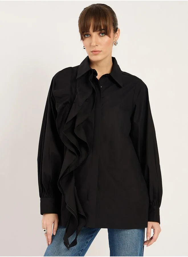 Femmella Solid Ruffle Detail Spread Collar Shirt