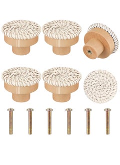KASTWAVE Wooden Drawer Knobs, Rattan Dresser Knobs Round Handmade Wicker Woven and Screws for Boho Furniture Knobs Cabinets Dresser Handles Hardware Pulls Cabinet Knobs White 40*30mm  - Image 1