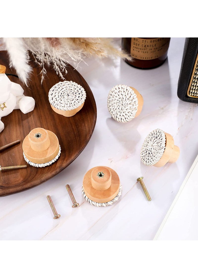 Wooden Drawer Knobs, Rattan Dresser Knobs Round Handmade Wicker Woven and Screws for Boho Furniture Knobs Cabinets Dresser Handles Hardware Pulls Cabinet Knobs White 40*30mm