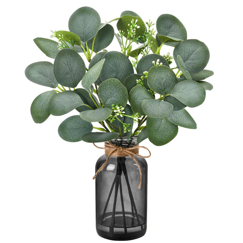 Der Rose 13.5" Fake Plants for Black Bathroom Decor Artificial Eucalyptus Stems in Black Glass Vase with Faux Water for Office Desk Accessories Farmhouse Home Table Centerpiece Decorï¼ˆSage Greenï¼‰ - Image 1