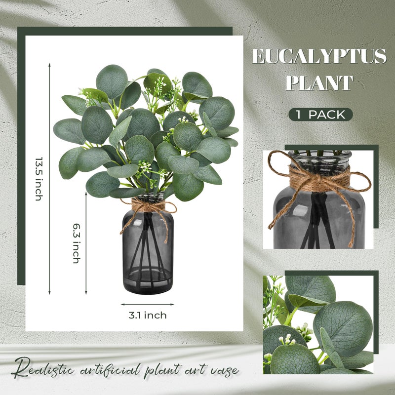 Der Rose 13.5" Fake Plants for Black Bathroom Decor Artificial Eucalyptus Stems in Black Glass Vase with Faux Water for Office Desk Accessories Farmhouse Home Table Centerpiece Decorï¼ˆSage Greenï¼‰ - Image 3