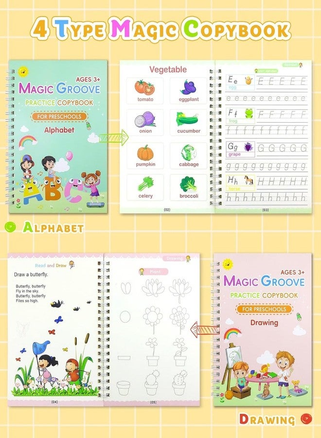 VIVUE Reusable Magic Practice Copybook with 4 Books, 10 Refills Kit for Kids, Writing Practice And Pen Control Workbook Set For Montessori, Home, Preschool (4 Books with Pens), Ink Color-Black - Image 3