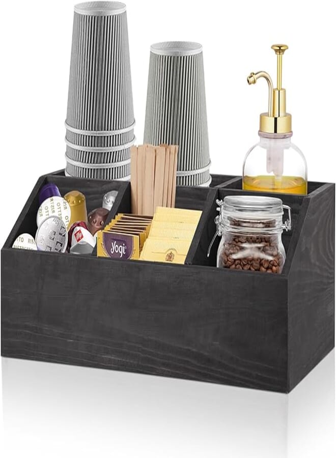 Phyllia Coffee Station Organizer, Wooden Bar Accessories for Countertop, Pod Holder Storage Basket for Coffee Lover Bar Decor (Black)