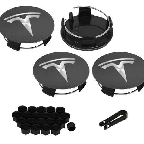 Knomix 4 Pack Exterior Decoration Wheel Center Cover for Tesla Model 3 Model Y,56mm Hubcaps Wheel Rim Cover Tesla Center Caps Hubcaps+20 Black Lug Nut Covers (Matte Grey+Silver Emblem) - Image 1