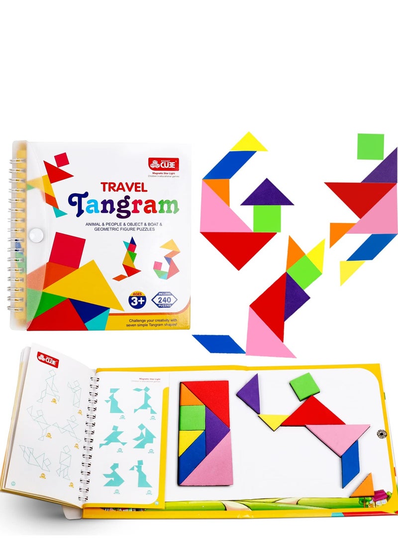 Travel Tangram Puzzle with 2 Magnetic Plate Sets - Montessori Shape Pattern Blocks Jigsaw for Road Trips with 240 Solutions - Educational Brain Teaser Gift for Kids and Adults - Image 1