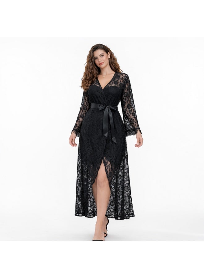VELVIA Lace robe with a soft satin belt and a rose pattern - Image 2