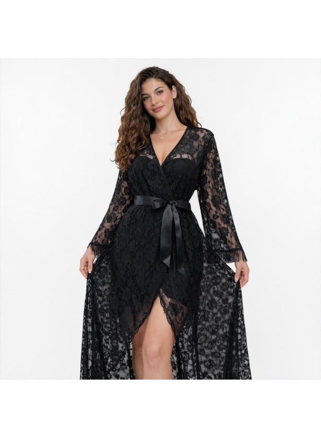 VELVIA Lace robe with a soft satin belt and a rose pattern - Image 1
