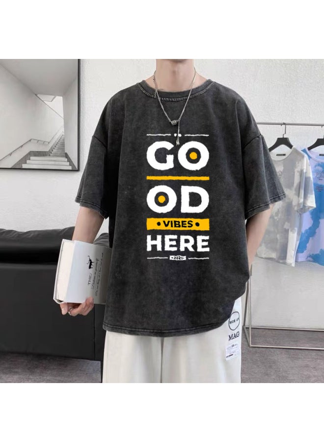 Simple Lines, Oversized, Washed And Distressed Print, Pure Cotton, Oversized Men's Print T-shirt, Trendy Street Style, Minimalist