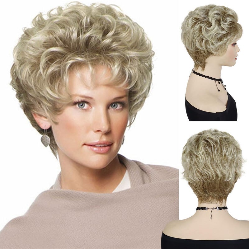 GNIMEGIL Old Lady Wig Curly Blonde Wigs For Women Natural Hair Short Curly Wigs With Bangs Synthetic Princess Diana Blanche Karen Mommy Wig