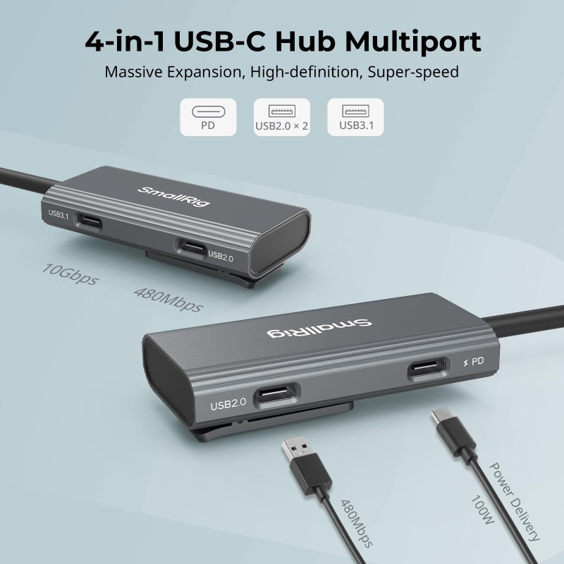 SmallRig 4-in-1 USB-C Hub with a Cold Shoe Mount, Type- C Multiport Hub with PD 100W / USB-C 3.1/2.0 with Audio Adapter x 2, for Mobile Shooting of ProRes Videos at 4K 60fps - 4598 - Image 2