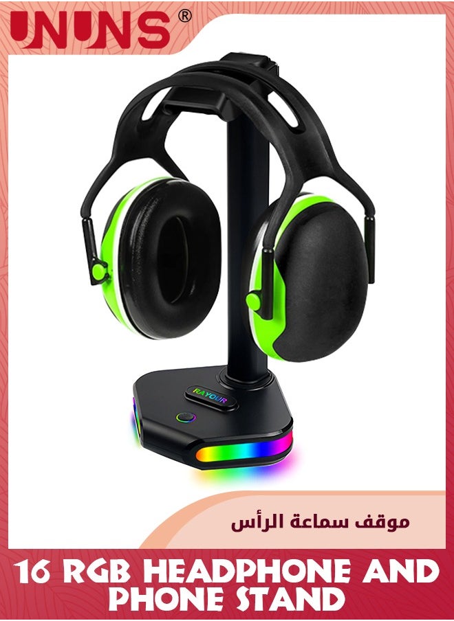 UNUNS RGB Headphone Stand With USB C,Dorm/Room Desktop Gaming Headset Holder And Phone Stand,Durable Gamer Earphone Hanger Rack With 16 RGB Light Modes,For PC,Gamer Accessories,Black  - Image 1